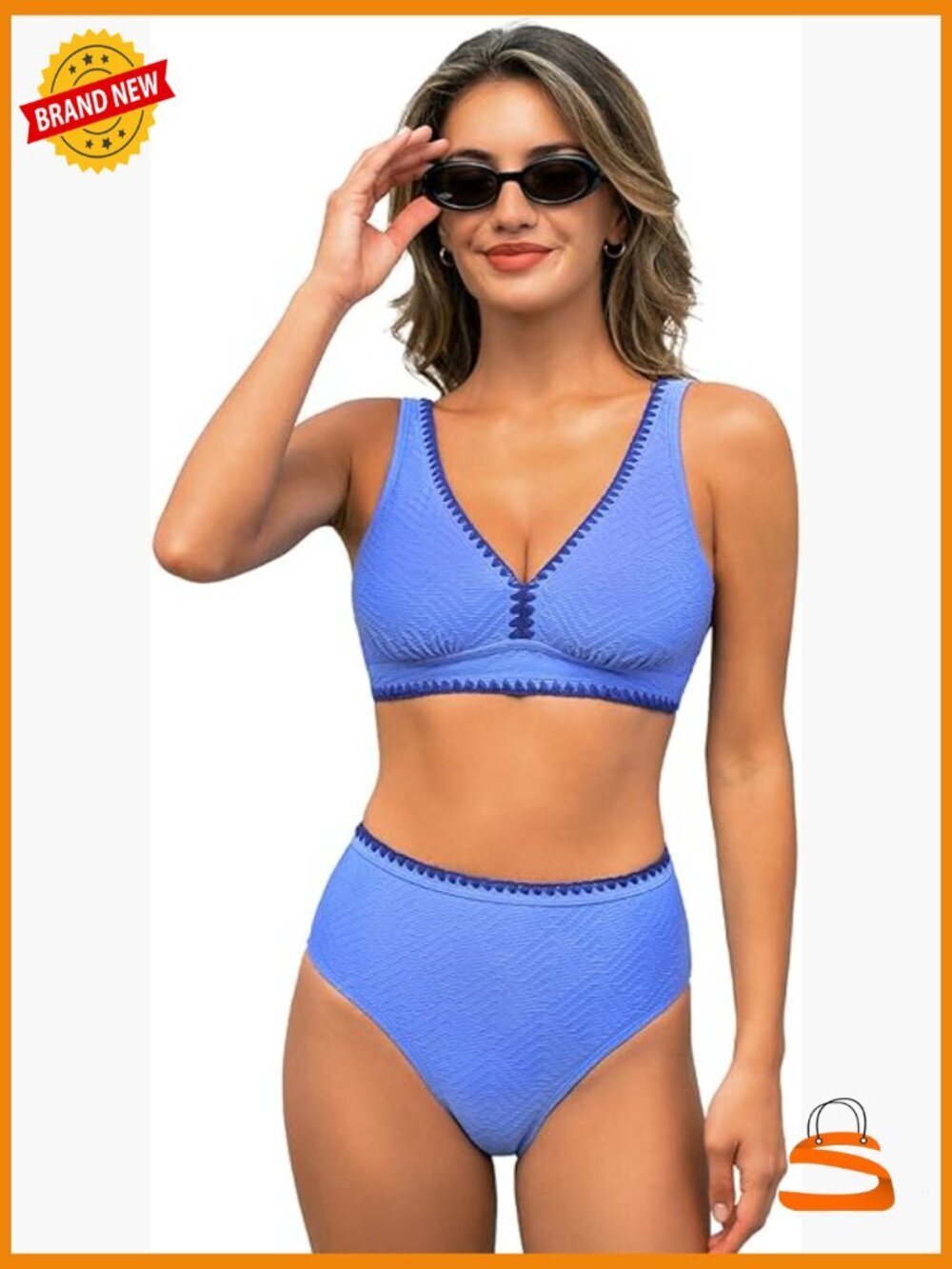Two Piece Bikini Set V Neck High Waisted Adjustable Straps Swimwear